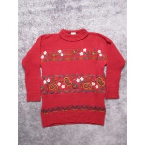 Vtg Laura Ashley Womens Wool Sweater Medium Red Embroidered Cottagecore Tunic